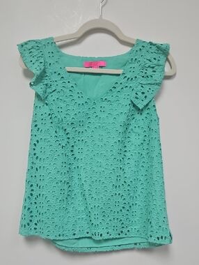 Lilly Pulitzer Mint Green Eyelet Flutter Sleeve Top